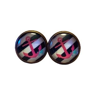 Nautical Anchor Glass Cabochon Stud Earrings!